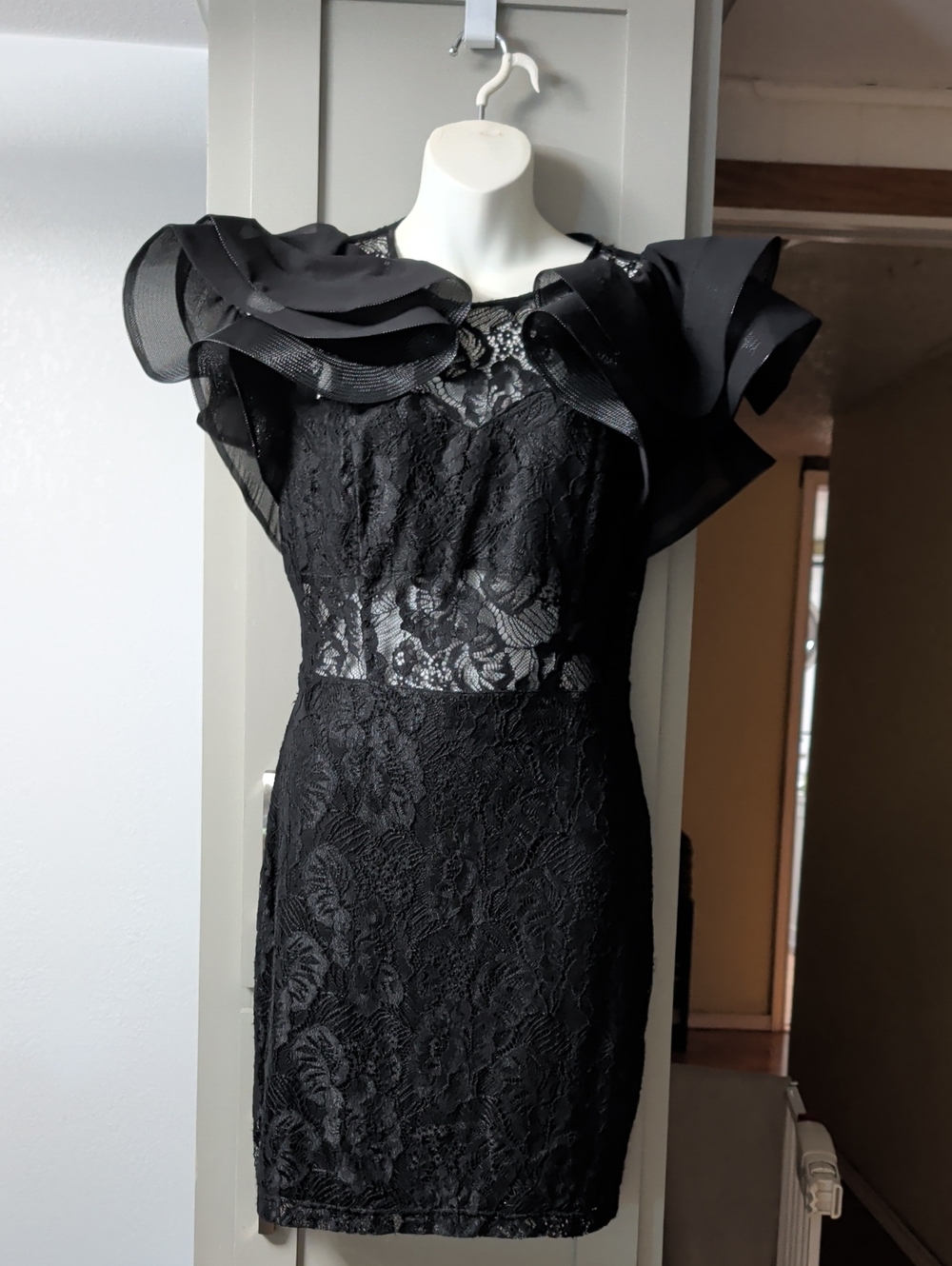 Black Lace Mini Dress with Dramatic Ruffle Shoulders